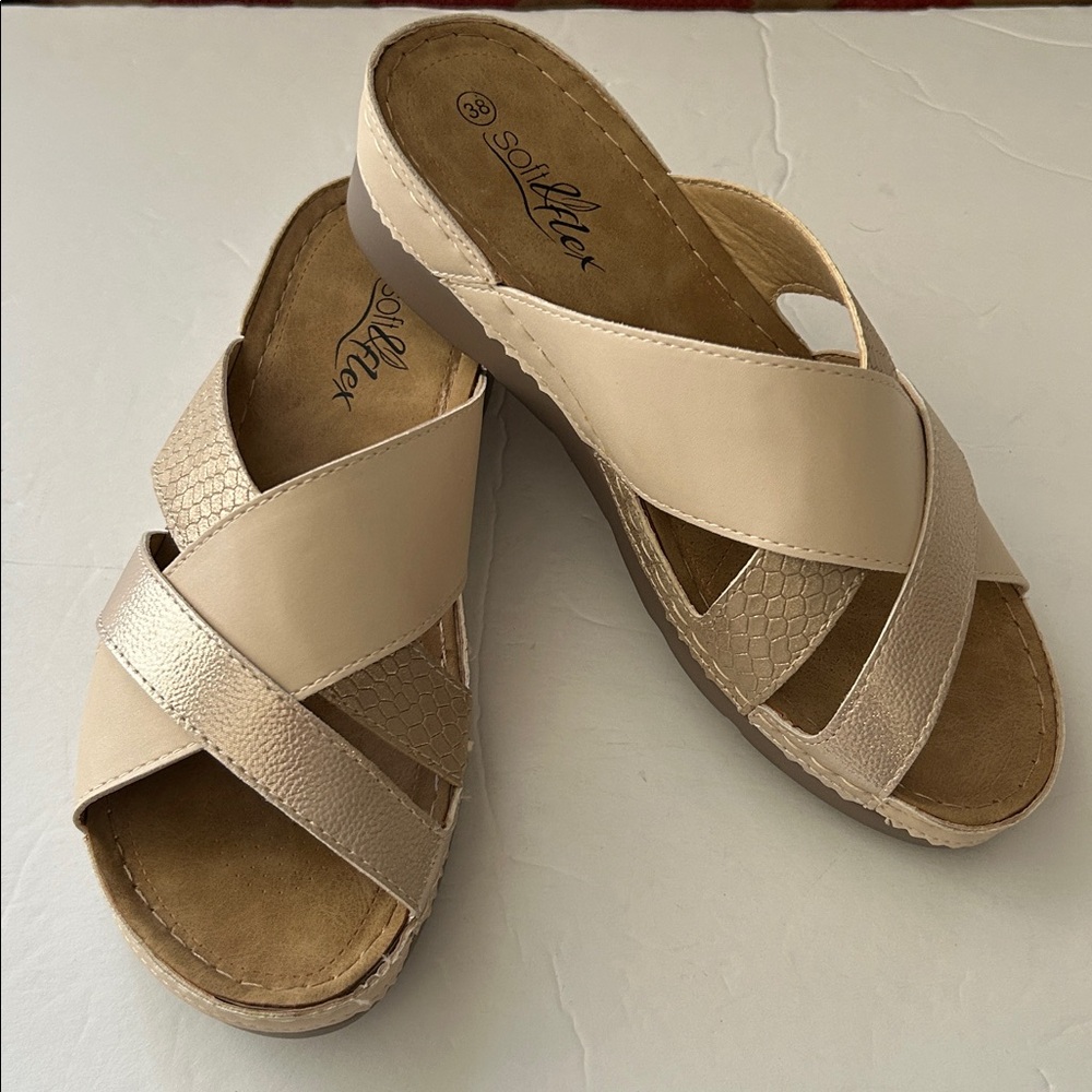 Women's Beige flat form wedge cross strap comfortable slip on sandals size 38